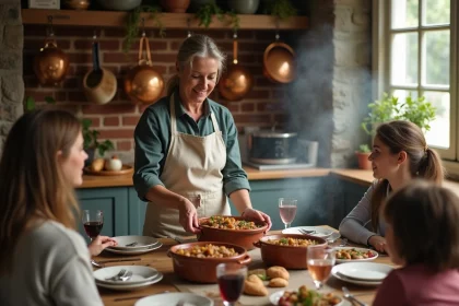 Femme française servant un cassoulet dans une cuisine chaleureuse