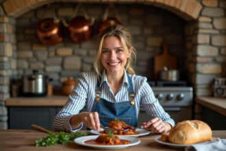 Femme française souriante servant un coq au vin maison