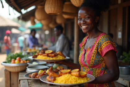Femme souriante en tenue africaine servant du jollof