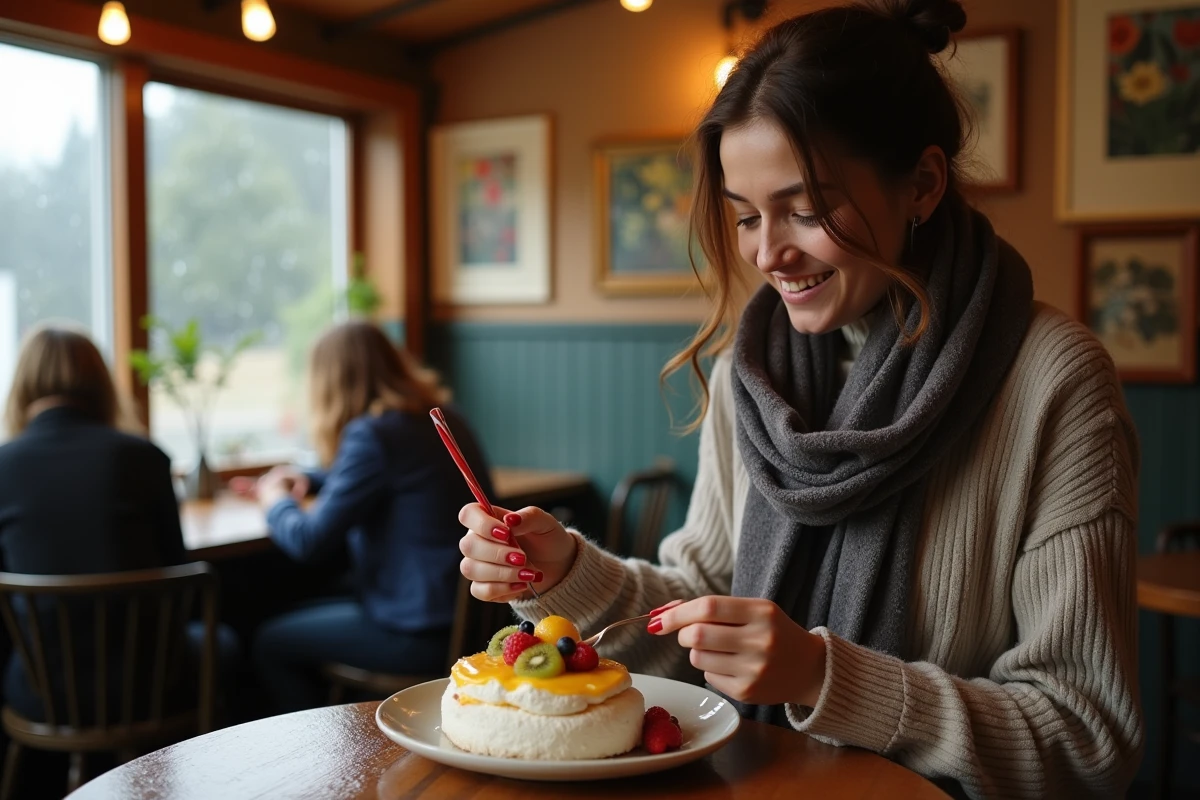 Jeune femme servant une pavlova dans un bistro cosy