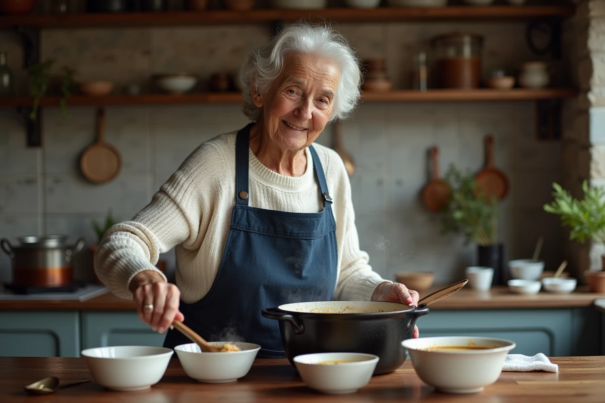 Femme âgée servant une potée lorraine fumante d'une cocotte en fonte dans une cuisine de ferme authentique avec herbes séchées et ustensiles en cuivre