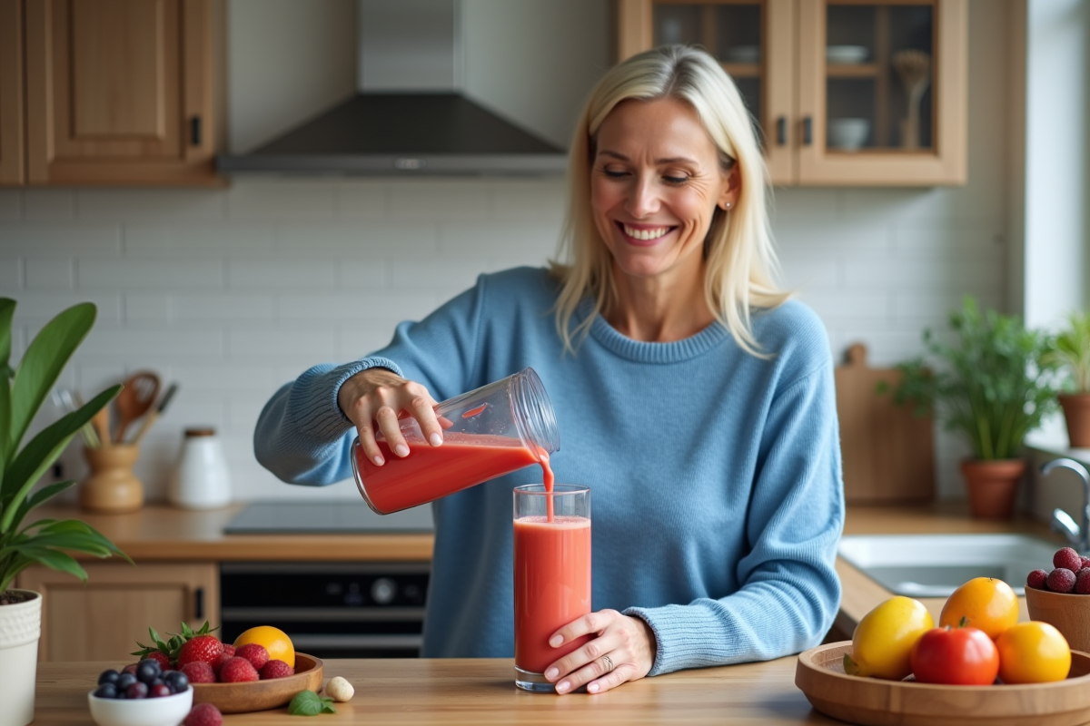 Femme souriante verse un smoothie dans un verre en cuisine