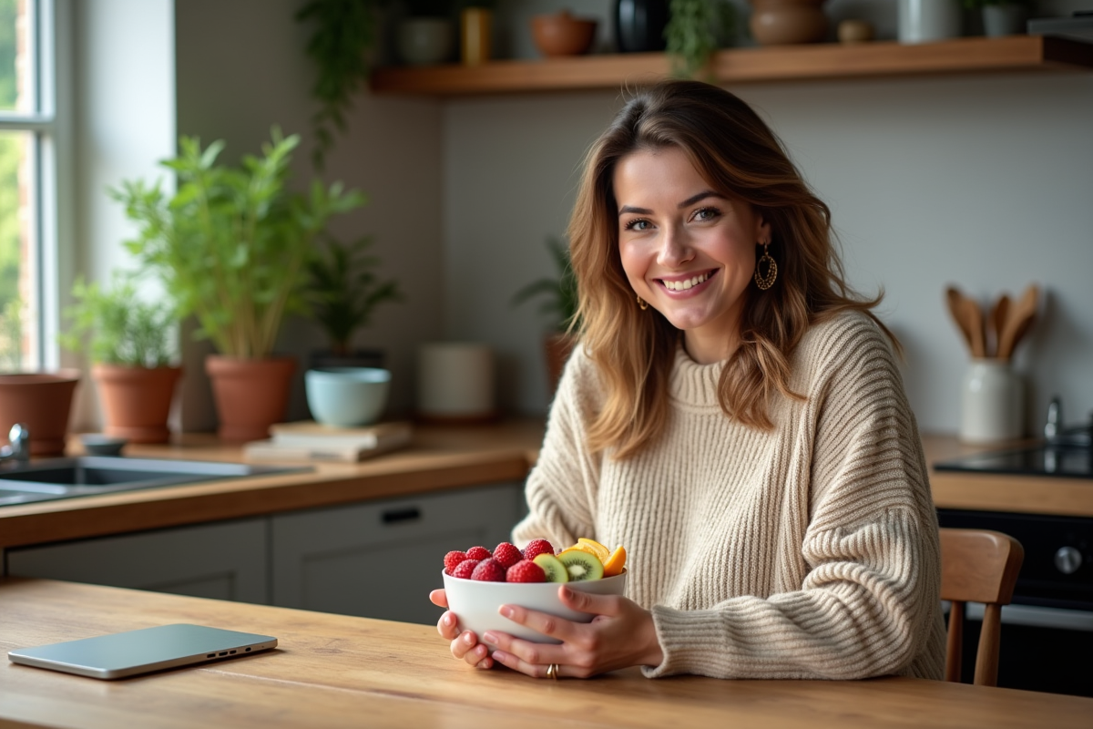 Femme souriante avec bol de fruits frais dans une cuisine chaleureuse