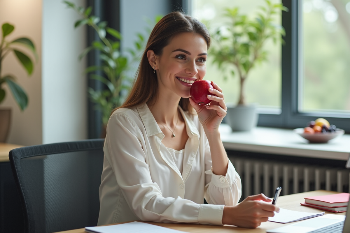 Femme souriante avec une pomme dans un bureau lumineux
