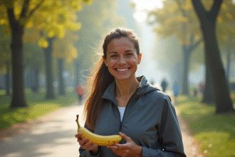 Femme souriante avec banane dans un parc urbain