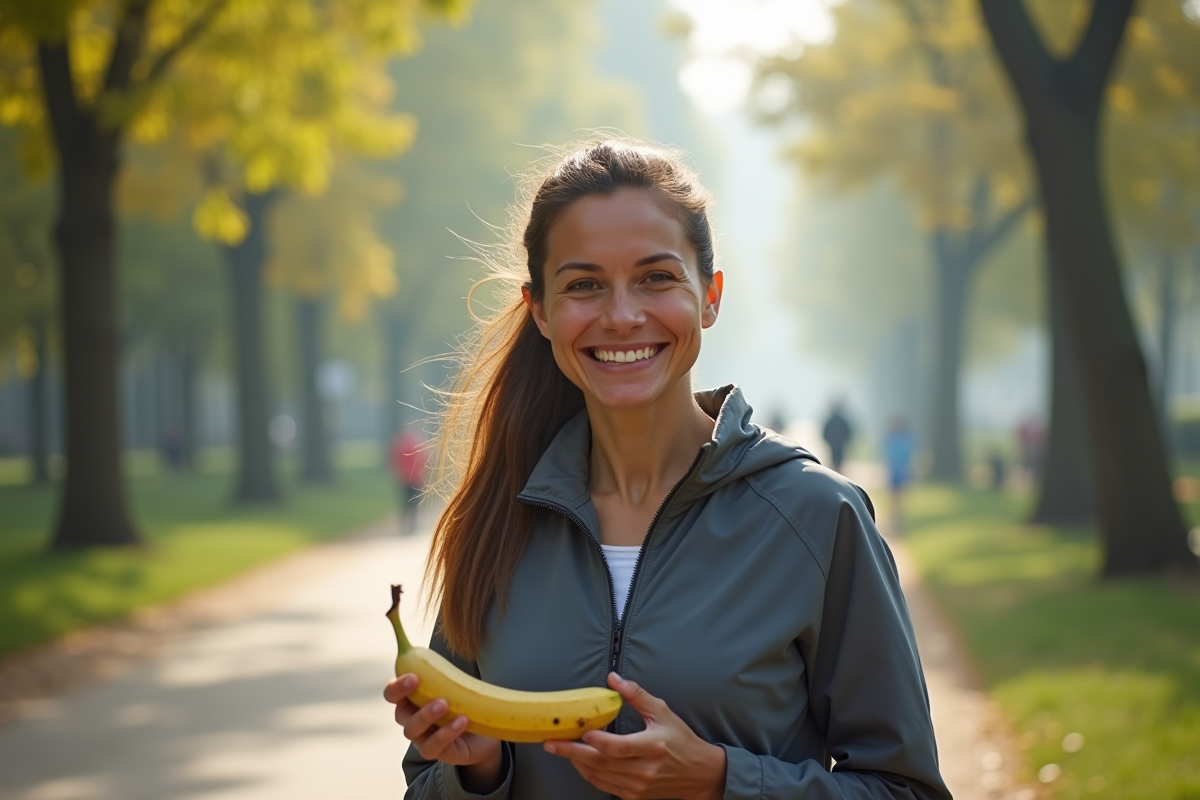 Femme souriante avec banane dans un parc urbain