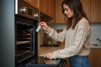 Femme vérifiant la température du four avec un thermomètre