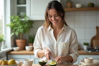 Jeune femme coupe un avocat dans une cuisine moderne