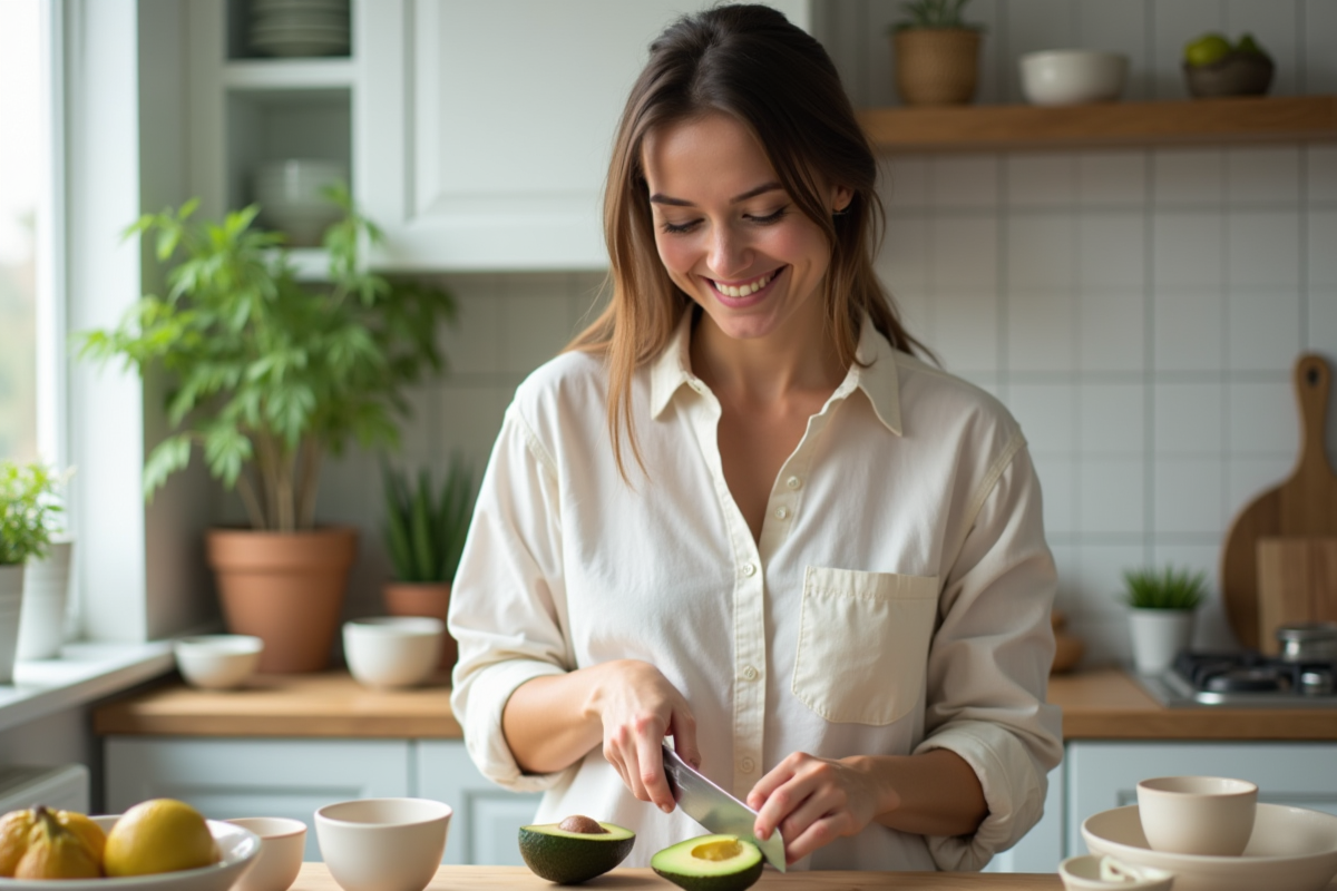 Jeune femme coupe un avocat dans une cuisine moderne