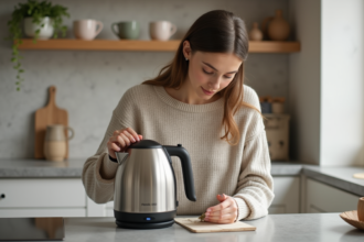 Jeune femme inspectant un kettle électrique moderne dans la cuisine