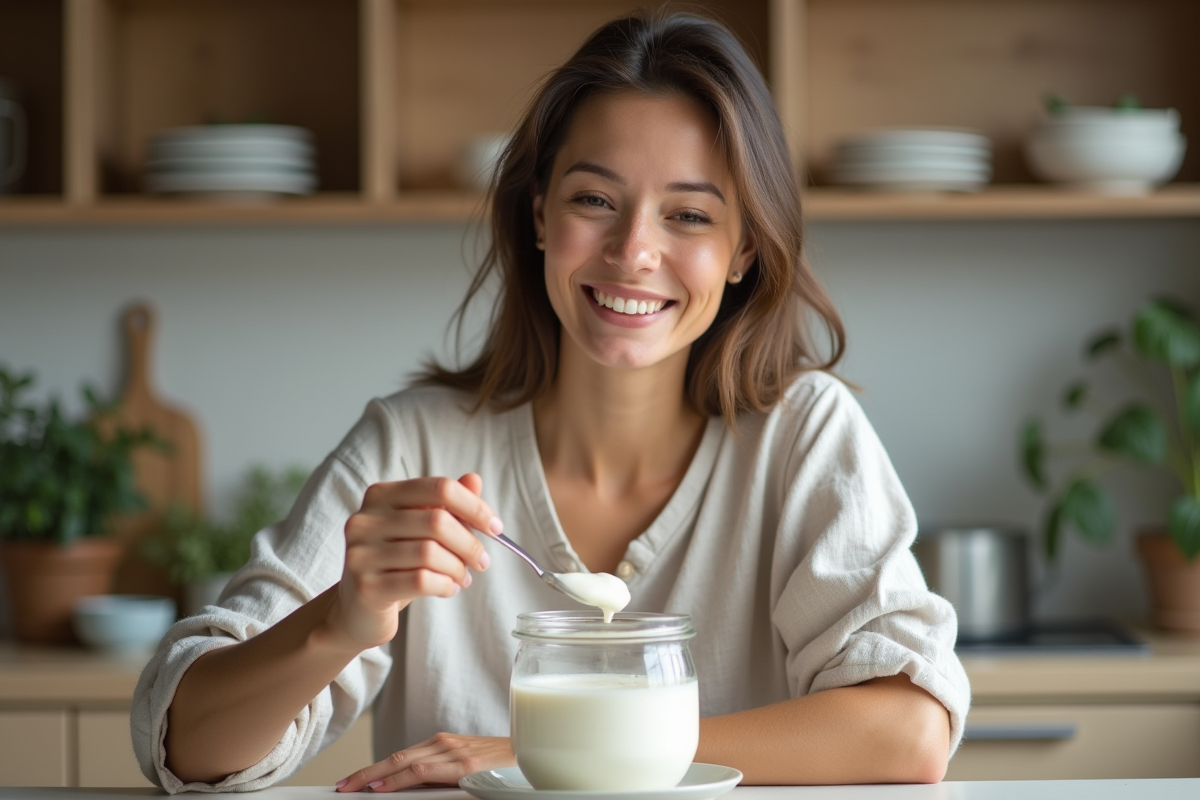 Femme dégustant du yogourt maison dans une cuisine chaleureuse