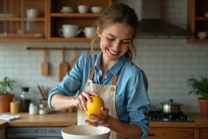 Femme en cuisine zestant un citron frais