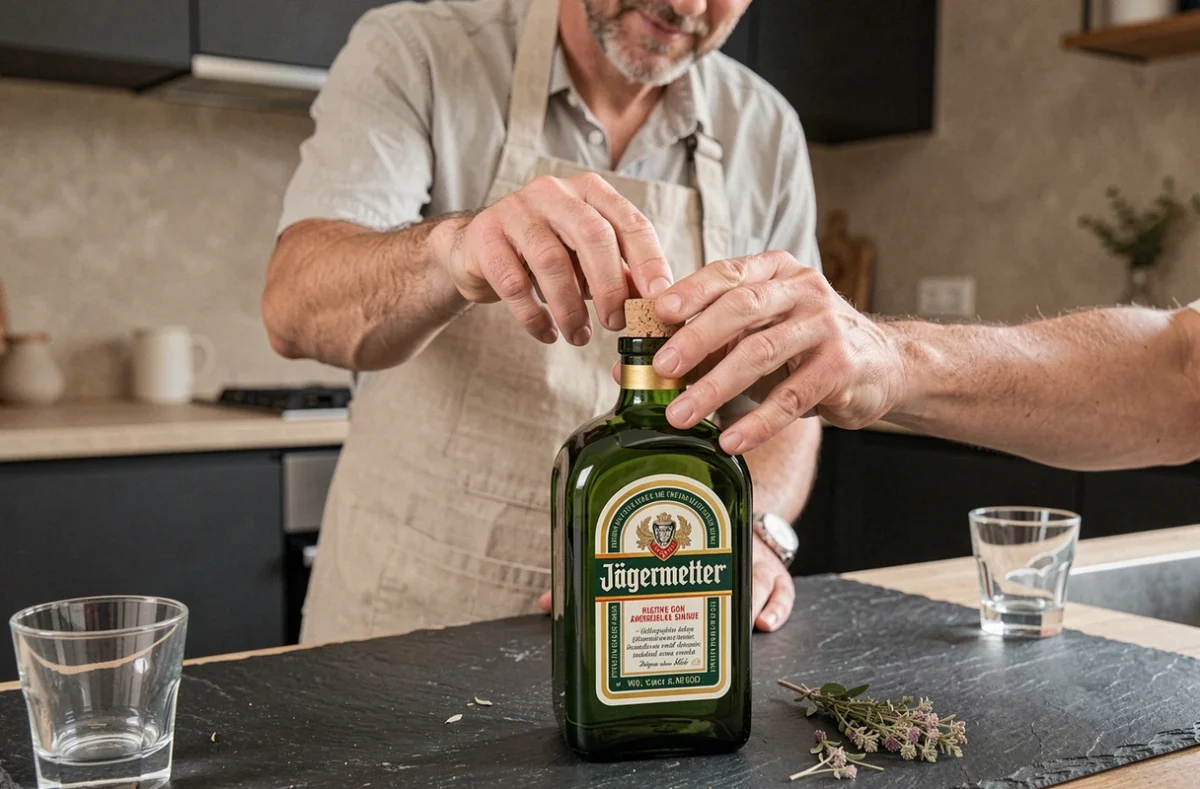 Homme bouchant soigneusement une bouteille de Jägermeister avec un bouchon en liège dans une cuisine moderne