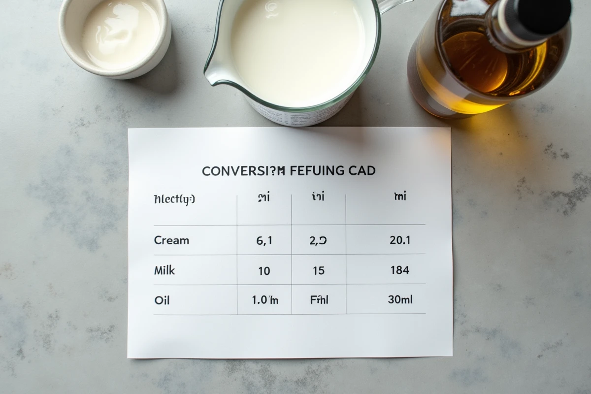 Vue de dessus d'une fiche de conversion cl en grammes pour la crème, le lait et l'huile posée sur un plan de travail en béton avec un verre doseur