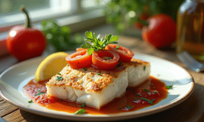 Filet de cod épicé avec chorizo sur table rustique