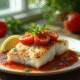 Filet de cod épicé avec chorizo sur table rustique