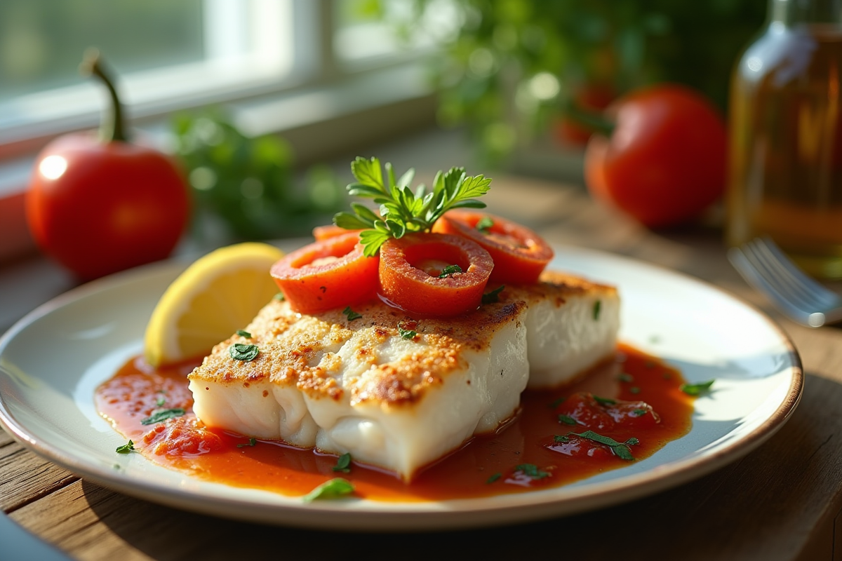 Filet de cod épicé avec chorizo sur table rustique