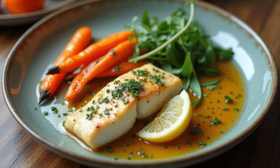 Filet de poisson blanc avec légumes rôtis et sauce aux herbes
