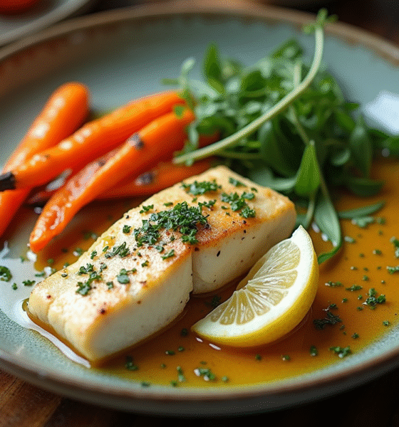 Filet de poisson blanc avec légumes rôtis et sauce aux herbes