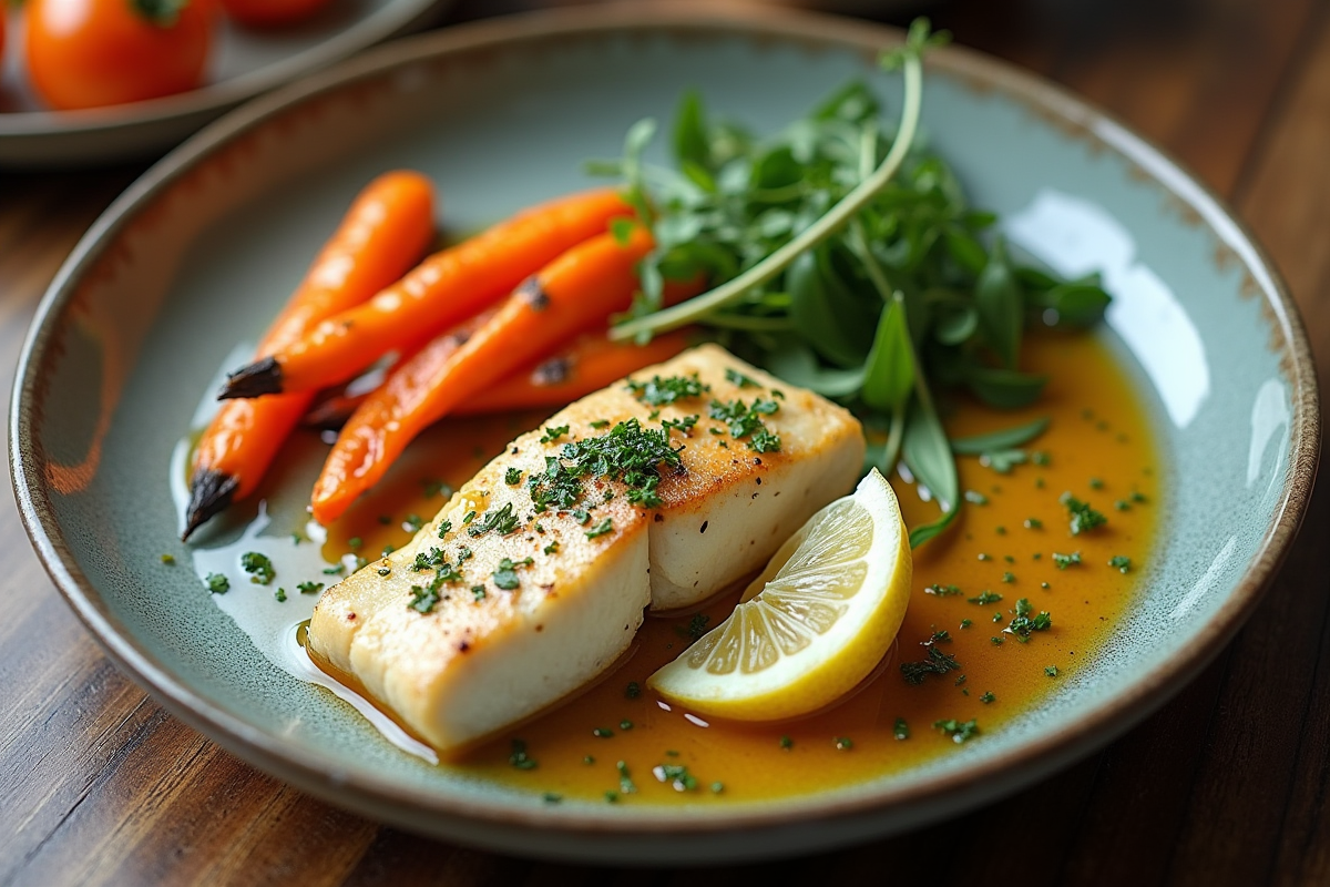 Filet de poisson blanc avec légumes rôtis et sauce aux herbes