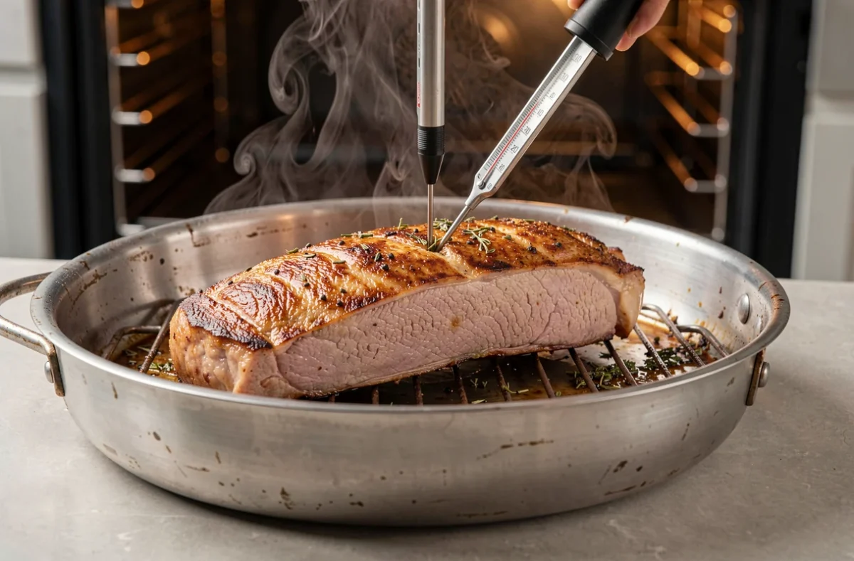 Filet mignon de porc doré sortant du four sur une grille avec thermomètre de cuisson inséré