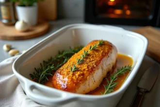 Filet mignon de porc à la moutarde de Dijon doré au four dans un plat en céramique blanche avec thym frais
