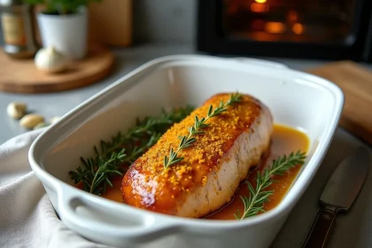 Filet mignon de porc à la moutarde de Dijon doré au four dans un plat en céramique blanche avec thym frais