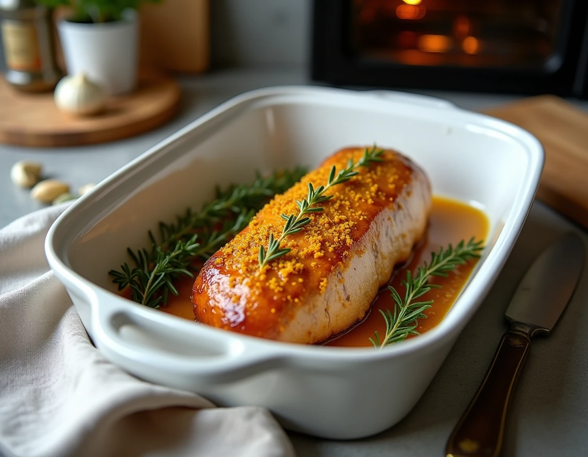Filet mignon de porc à la moutarde de Dijon doré au four dans un plat en céramique blanche avec thym frais