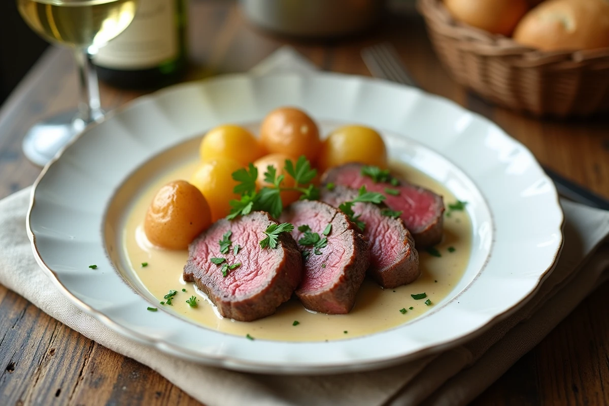 Gros plan sur filet mignon sauce crème et pommes de terre