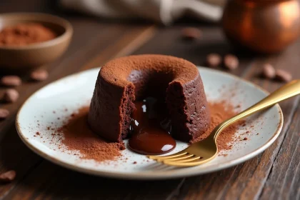 Fondant au chocolat coulant servi sur assiette blanche avec cœur fondant révélé à la fourchette