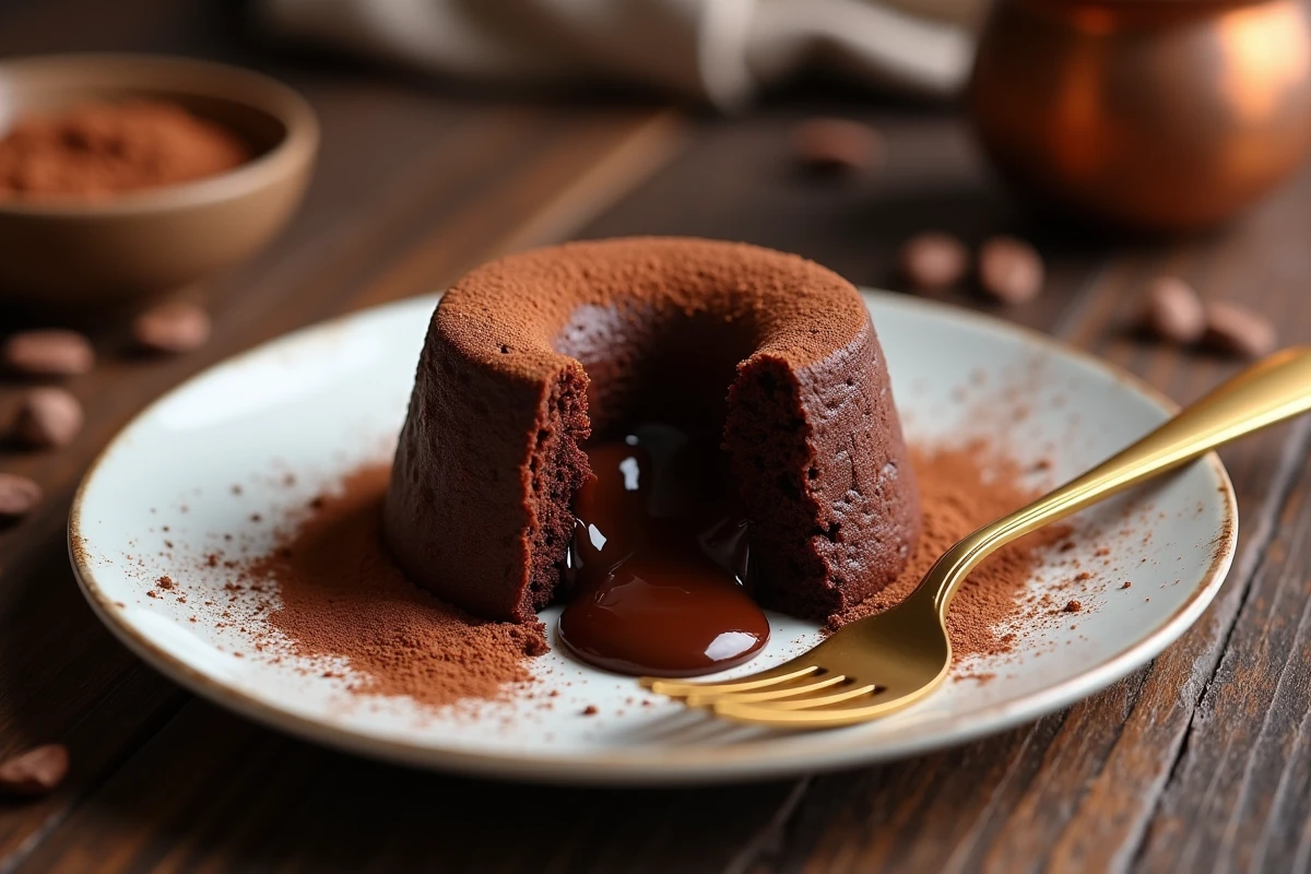 Fondant au chocolat coulant servi sur assiette blanche avec cœur fondant révélé à la fourchette