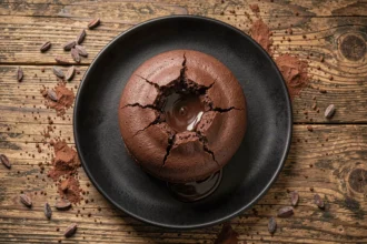 Fondant au chocolat sans gluten version Cyril Lignac avec cœur coulant sur assiette noire