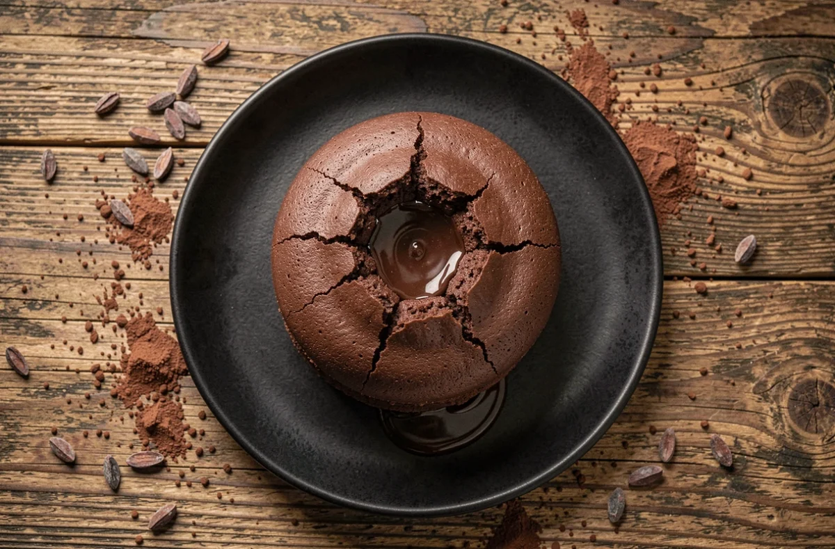 Fondant au chocolat sans gluten version Cyril Lignac avec cœur coulant sur assiette noire