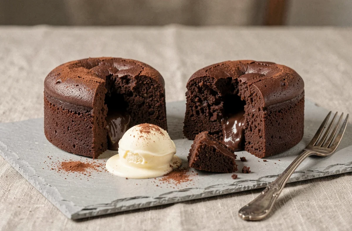 Deux fondants au chocolat sans gluten servis avec glace vanille sur ardoise grise, cœur fondant visible