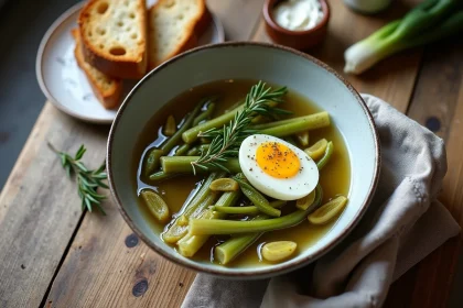 Bol de fondue de poireaux au beurre avec œuf mollet et pain grillé sur une table de brunch rustique