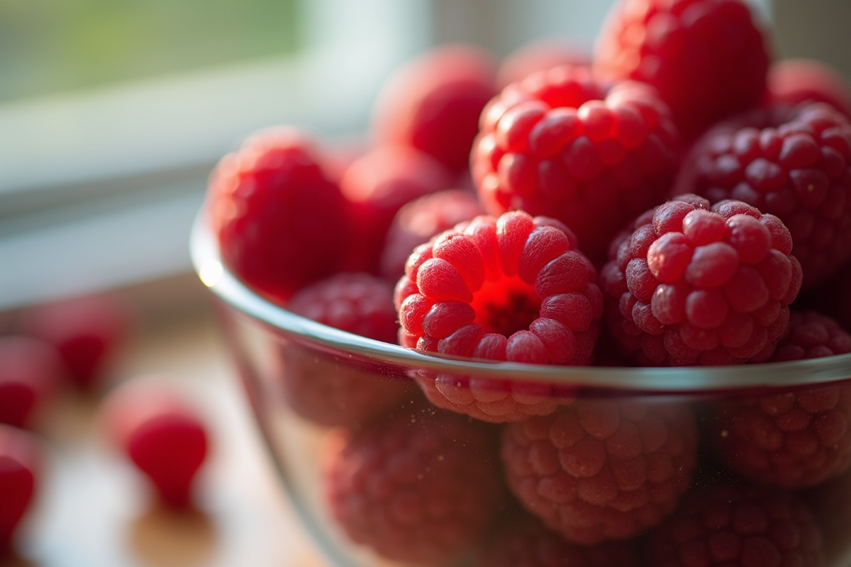 Groseilles et framboises en gros plan dans un bol