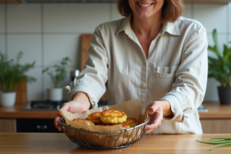 Femme souriante plaçant des beignets de courgettes dans une friteuse