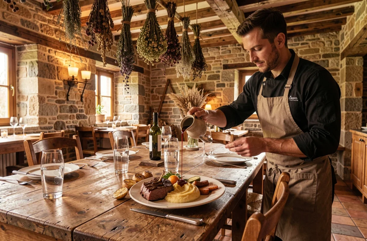 Assiette de cuisine de terroir revisitée chez Gabbro dans le Nord, bœuf braisé et légumes racines dans un cadre de ferme rénovée