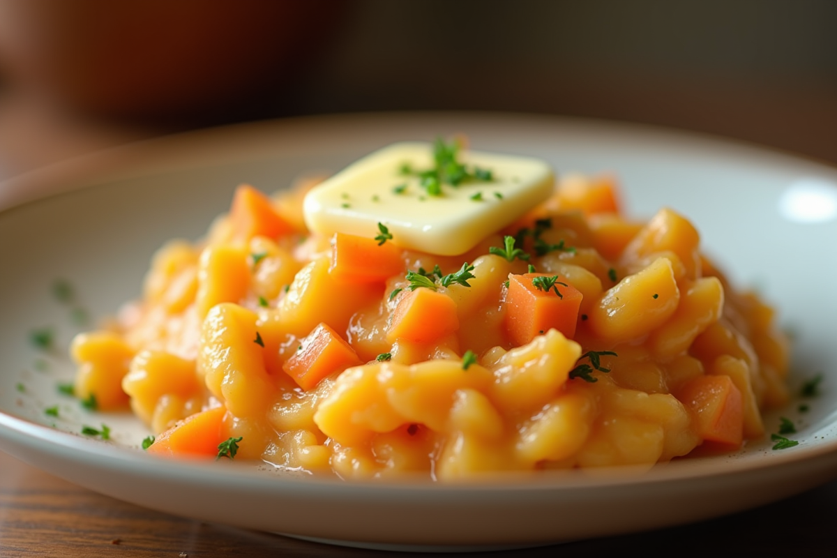 Close-up de purée de carottes et pommes de terre avec beurre fondu