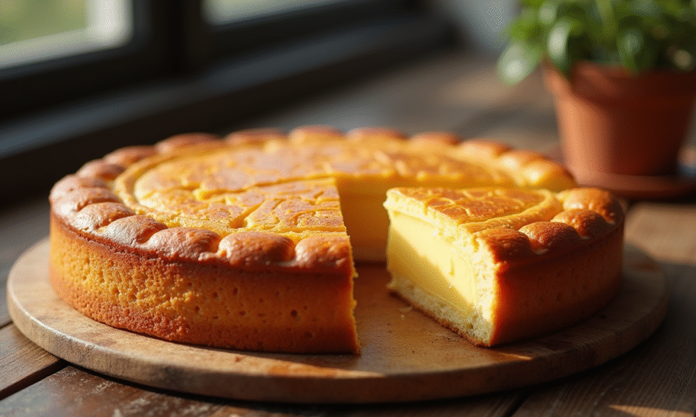Gâteau basque frais tranché sur une table en bois rustique