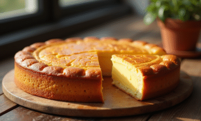 Gâteau basque frais tranché sur une table en bois rustique