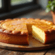 Gâteau basque frais tranché sur une table en bois rustique