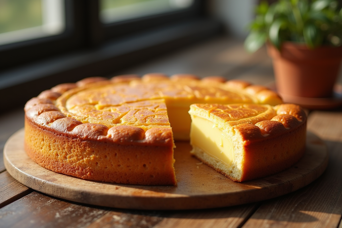 Gâteau basque frais tranché sur une table en bois rustique