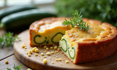 Gâteau de courgette et chèvre tranché sur planche en bois