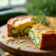 Gâteau de courgette et chèvre tranché sur planche en bois