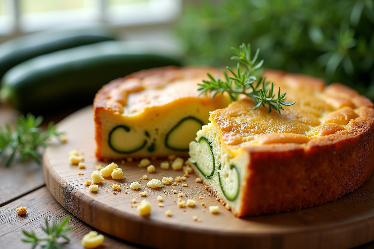 Gâteau de courgette et chèvre tranché sur planche en bois