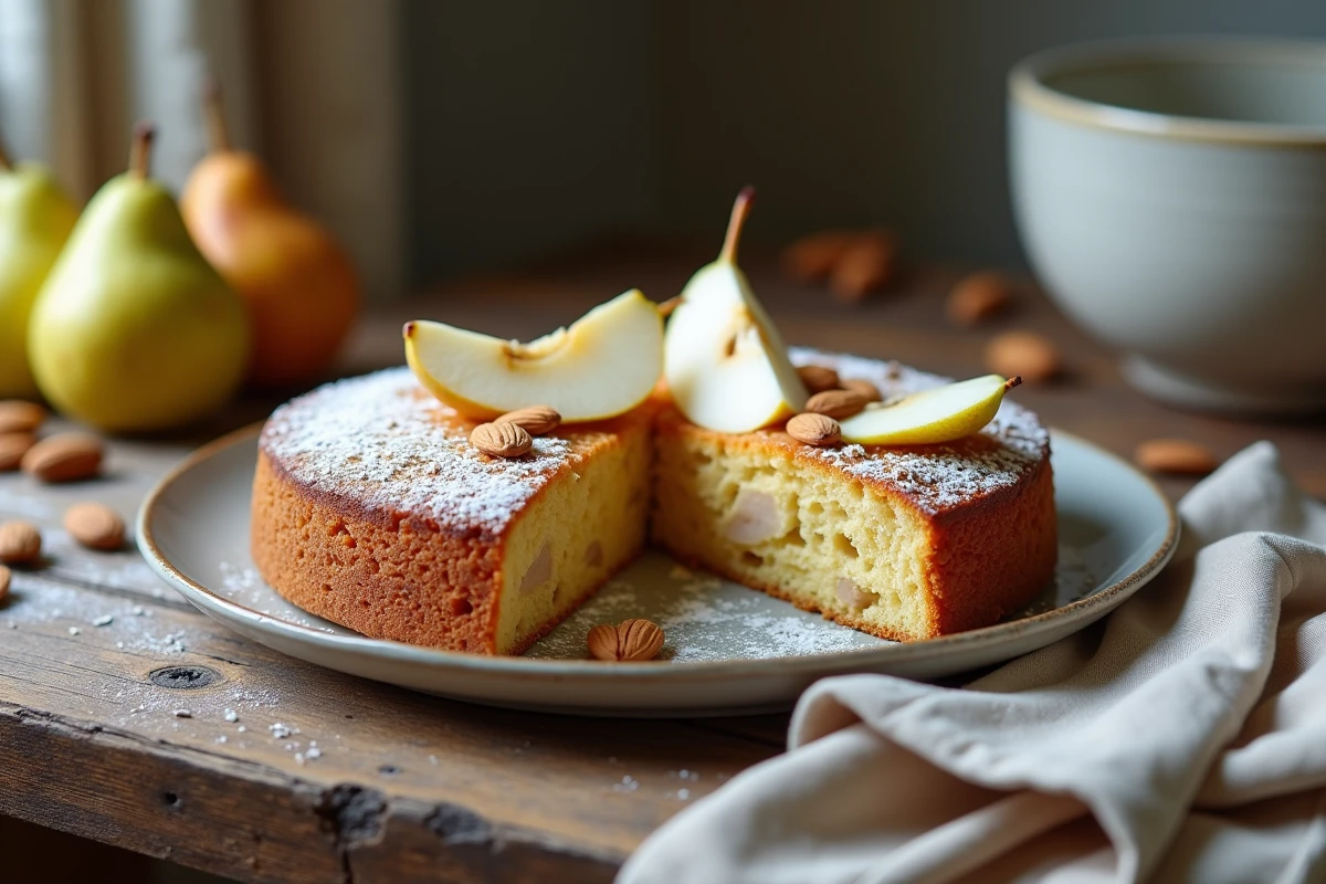 Gâteau poire et amande façon grand-mère tranché sur une table en bois rustique, révélant un intérieur moelleux avec des morceaux de poire et une couche de frangipane