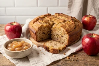 Gâteau vegan à la compote de pomme tranché sur une table en bois, révélant une mie moelleuse et dorée, accompagné d'un bol de compote maison et de pommes rouges fraîches
