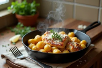 Poêlée de gnocchi dorés et poulet dans une cocotte en fonte sur une table en bois rustique, garnie de thym frais et parmesan râpé