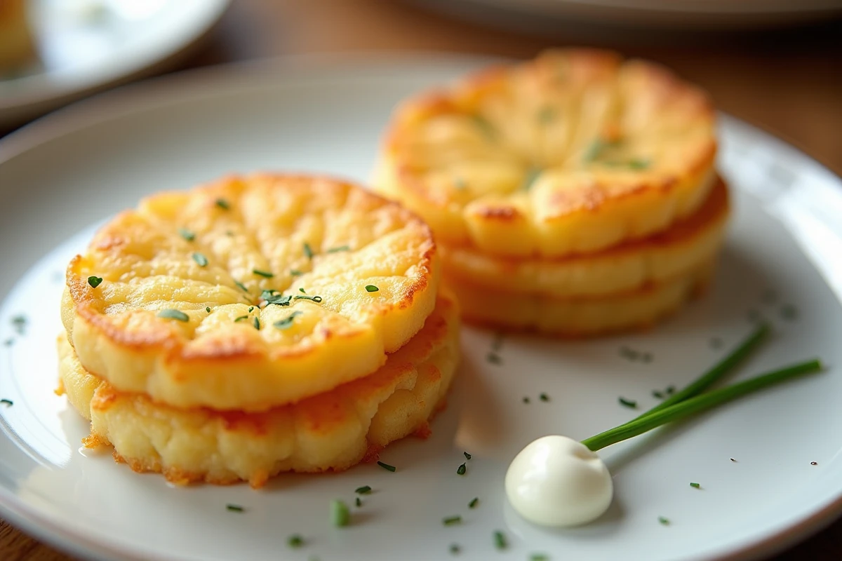 Gros plan d'une rapée de pomme de terre croustillante en coupe sur assiette blanche avec crème fraîche et ciboulette